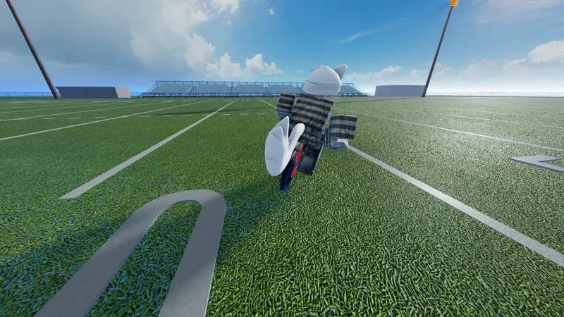 headless cat performing a wheelie in a football field